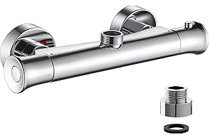 kisimixer Thermostatic Shower Mixer Bar Valve Top Outlet 3/4" BSP, Wall Mounted Shower Mixer Tap Modern, Outlet Up Bar Shower Valve with 3/4" BSP to 1/2" BSP Pipe Adaptor, Anti Scald,Chrome
