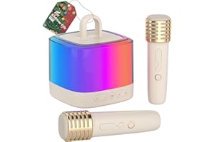 DRSYXCS Mini Karaoke Machine Kids Singing Toy for Boys Girls, Portable Bluetooth Speaker with 2 Wireless Microphones, Karaoke Mic with Voice Changer & LED Party Lights Birthday Gift for 3-12 Year Olds(White)