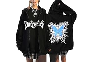 Flyself Damska gotycka Y2K motyl graficzny zamek błyskawiczny bluza z kapturem bluza z długim rękawem kardigan E-Girl Casual Harajuku estetyczny płaszcz ubrania grunge punk kurtka hip hop streetwear