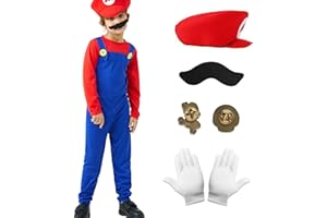 MARYPATY Déguisement Mario et Luigi Enfant Adulte Costume Casquette Gants Moustache Deguisement Mario Bros Jumpman Salopette Cosplay Halloween Carnaval Homme Garcon