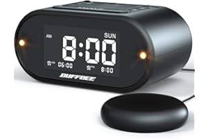 BUFFBEE Super Loud Alarm Clock with Bed Shaker, Flashing Alert Light, Full Range Turnable Dimmer, USB Charger for Heavy Sleepers, Battery Backup Vibrating Alarm Clock for Bedrooms