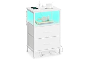 SONGMICS BELLAH Collection - Bedside Table with Charging Station, Side End Table with APP-Controlled Adjustable LED Lights, 1 Open Shelf and 2 Drawers, Bedroom, Cloud White and Snow White LGS302WH02