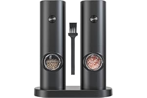 IraXpro Elektrische Salz und Pfeffermühle 2er Set mit Basis,LED-Licht,Batteriebetrieben,Keramikmahlwerk mit Einstellbarer Rauheit,Salz und Pfeffermühle für BBQ,Küche (Schwarz-Batteriebetrieben)