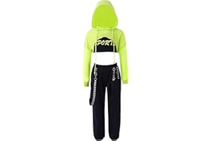 Mufeng 3 Pcs Ensemble Danse Hip Hop Enfant Fille Crop Top Sweat à Capuche Manches Longues Débardeur Sport Yoga Pantalon Cargo Tenue Danse Jazz Streetwear 3-16 Ans
