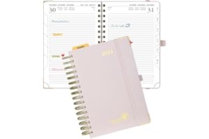 POPRUN Agenda 2024 Journalier Spirale 21,5 x 14,9 cm, 1 Page par jour de jan 2024 à déc 2024 avec Couverture Rigide, Poche intérieure, Papier Certifié FSC®80 g/m²- Rose Clair