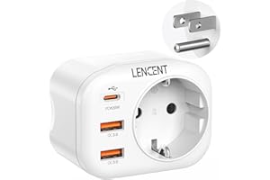‎LENCENT LENCENT 4-w-1 Szybkie ładowanie Adapter Podróżny Amerykańska/JP Adapter, Typu-B Wtyczka Podróżna Adapter z 2 USB QC3,0 + 1 Typu C PD 20W, Polski/EU do USA, kanady, Meksyku Gniazdko, Biały
