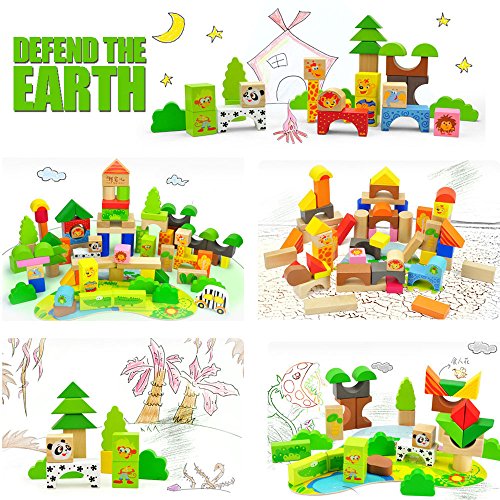 TOP BRIGHT Wooden Building Blocks Set - 100 Blocks Forest Adventure 13 Scene Puzzles Game