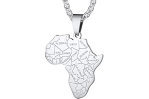 Richsteel Collier Afrique Personnalisable,Pendentif Carte d’Afrique avec Pays/Elephant/Lion Plaqué Or/Noir/Acier Inoxydable + Chaîne 55+5cm,Bijoux Africain Fantaisie Cadeau Original pour Femme Homme