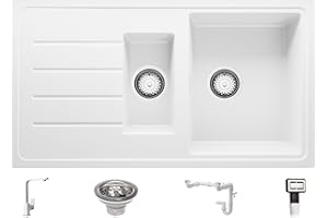 Evier Cuisine en Granit Blanc, 90 x 50 cm, Lavabo 1,5 bac + Mitigeur + Siphon Classique, Évier à Encastrer de Primagran