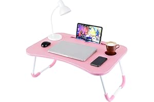 GREENSAPPIRE Laptop Bed Table with Foldable Legs - Height Adjustable Bed Tray with Cup Holder & Phone Slot, Portable Notebook Stand for Sofa Bed Floor Use (Pink)
