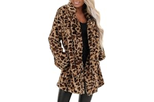 Duohropke Damen Leoparden Mantel Teddy Plush Parka Kunstpelz Mit Tasche Fuzzy Warm Coat Herbst Winter Langarm Winterjacke Frauen Übergroße Outwear Casual Faux Fur Jacke Leo Oversize