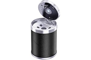 Geoyien Auto Aschenbecher mit LED Licht und Deckel - Winddicht, Große Kapazität, Leder Design für Reisen, Zuhause, Büro, Außenbereich, Schwarz