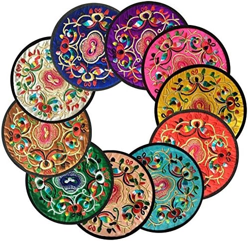 Cuteco Round Coasters for Drinks Placemats Set Chinese Embroidery Large Glass Cup Place Mats Pad Novelty For Tea Coffee (4 pcs)