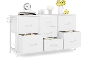 LEADER ACCESSORIES Chest of Drawers Bedroom - Hallway Rustic Clothes Storage Drawers - Living Room industrial Style Storage Unit with 7 Drawers - Vintage Fabric Wardrobe Dresser Metal Frame - White 100x30x55cm