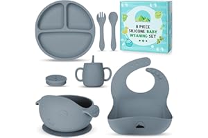 The Little Chiltern Co Baby Weaning Set - 8 Pcs Silicone Baby Feeding Set with Adjustable Bib, Suction Bowl & Plate, Cup, Fork & Spoon - Microwave & Dishwasher Safe - Self Eating Utensil Set (Grey)