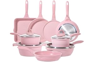 JEETEE Essential Batteria di Pentole 23 Pezzi, Rivestimento Granito-Antiaderente, Set Completo per La Cucina, Set Padelle Antiaderenti per Tutti i Piani Cottura, Pink