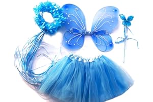 Tante Tina Costume da Farfalla per Bambina - Vestito Farfalla da Bimba in 4 Pezzi: Gonna in Tulle, Ali, Bacchetta e Cerchietto - Blu - Indicato per i Bambini da 2 a 8 Anni