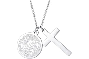 FAITHHEART San Benito de Nursia Medallones Redondos con Cruz Colgante Espirituales Acero Inoxidable 316L para Hombres Joyerías de Protección para Familias
