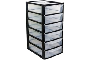 SIDSONS A4 PLASTIC STORAGE DRAWERS DRAW TOWER UNIT OFFICE DESKTOP TABLETOP HOME SCHOOL GARAGE MODULAR & PORTABLE DRAWERS OFFICE DESK ORGANIZER SLIM A4 SIZE 2|3|4|6|8 TIERS (Black/Clear, A4 Slim 6 Drawers)