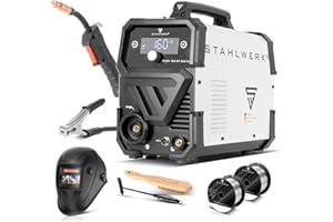 STAHLWERK Schweißgerät FLUX 160 ST Digital – Vollausstattung – Fülldrahtschweißen ohne Schutzgas bis 160 A, kompakt, synergischer Drahtvorschub, mit LED-Licht, Lift-TIG- und MMA/ARC-Funktion