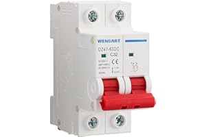 Wengart Miniature Circuit Breaker DZ47-63Z,DC Disconnect Switch,500V 32A 2 Poles,DIN Rail Mount,Work for Battery and Solar PV Systems and other DC Systems