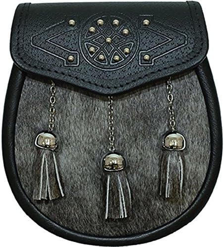 Traditional Semi Dress Kilt Sporran 100% Black Leather with Grey Fur and Celtic Embossed Design SF5