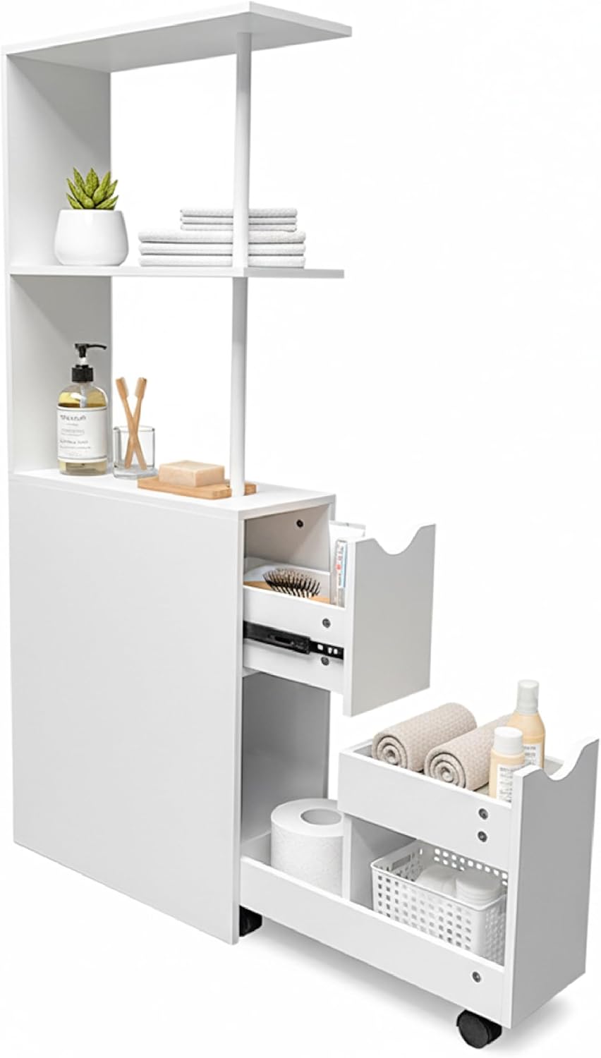 Baroni Home Columna de baño que ahorra espacio, mueble alto con estantes abiertos y cajones, multiusos, columna moderna para baño, cocina y dormitorio, 45 x 15 x 113 cm, 3 estantes y 2 cajones, color