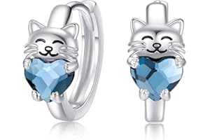 CHENGHONG Pendientes de gato de plata de ley 925 con aretes de aro de cristal, lindos amantes de los gatos, joyería temática de gato, regalos para niñas y mujeres