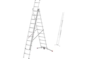 ‎HAILO Hailo Leiter HobbyLOT, 3-teilige Alu-Kombileiter, 3 x 11 Sprossen, Aluminium Leiter, Lot-System, 150kg Belastbarkeit, Aluleiter ausziehbar, Anlegeleiter