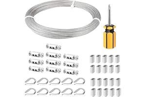 fshihine 30M Garden wire for climbing plants, 1.5mm Stainless Steel Cable with Wire Rope Clips & Thimbles for Garden Fence, Vine Eyes for Climbing Plants, Picture Hanging, String Light Hanging