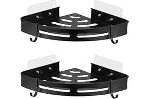 LEADAHEAD Black Shower Corner Shelf with No Drilling Adhesive Pads Shower Caddy Basket with 4 Hooks Rustproof Bathroom Space Aluminum Storage Rack Wall Mounted Shower Organiser | 2 Pack