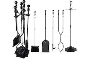 AMAGABELI GARDEN & HOME Amagabeli 5 Pezzi Set di Strumenti per Camino Manico Nero Set di Attrezzi per Fuoco Grande in Ferro battuto e Supporto Set di Accessori per Fuoco da Esterno Set di Accessori in Legno