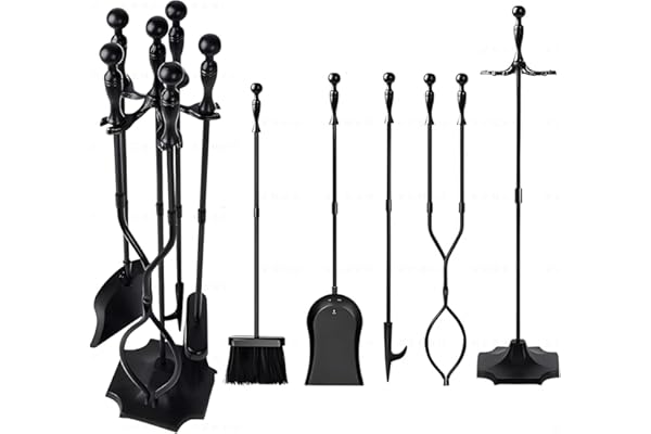 AMAGABELI GARDEN & HOME Ensemble serviteur de cheminée 5 pièces Accessoire Outils cheminee Outil cheminée Serviteur poele a Bois Pelle Balai Pince Support Tisonnier Noir