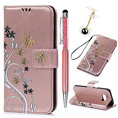 Lanveni Samsung Galaxy S8 Hülle, Handyhülle für Galaxy S8 Flip Case Cover PU Lederhülle Schutzhülle Magnetverschluss Ledertasche mit Stander Function Brieftasche Card Slot Handy Tasche mit Bunte Schmetterling Cover Design (Rose Gold)+ 1 x Stylus Pen + 1 x Staubdichte Stecker