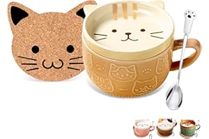 BIGNOSEDEER Christmas Birthday Gifts for Women Her Cute Kawaii Cat Coffee Mugs with Lids,Birthday Presents for Girls Friend Kids Wife Mum Grandma Teacher,Novelty Animal Coffee Ceramic Tea Cup Dessert Saucer Set