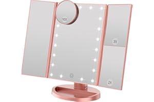 WEILY Specchio Trucco con Luci, Trifold dello specchio di trucco illuminato con l'ingrandimento di 1X/2X/3X, le notti naturali del LED, lo schermo di tocco, lo specchio caricabile (Oro Rosa)