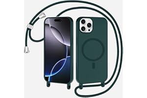 SLWYF Magnetische Handykette für iPhone 16 Pro Hülle mit Band, Handyhülle Kompatibel mit MagSafe, Silikon Seil Necklace Handyhülle PU Stoßfest mit Abnehmbar Kordel zum Umhängen Case - Dunkelgrün