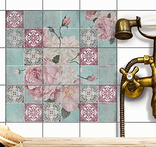 Fliesenaufkleber Dekor-Fliesen - CREATISTO Fliesenfolie | Selbstklebende Aufkleber Folie Fliesen Sticker für Badfliesen Küchen Wandfliesen | 10x10 cm - Muster Durch die Blume - 9 Stück
