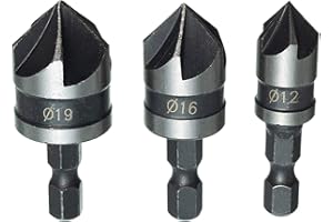 HPMAISON 3 Pièces 1/4" Tige Hexagonale HCS Fraise à Chanfreiner 5 Flûte 90 Degrés Foret Embouts Pour Phanfreiner Évier à Fraise Conique 12mm/16mm/19mm Pour Bois, Plastique, Aluminium