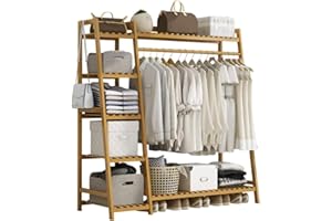 Neo Natural Bamboo Garment Clothes Rack Storage Shelf Hanging Rail Side Hooks for Entryway Bedroom Bathroom and Office