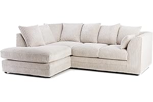 FURNISHINGS FOR LESS UK New Luxor Fabric Corner Sofa Cream | Soft Jumbo Cord 3-4 Seater Corner Sofa (Cream, Left Hand Facing)