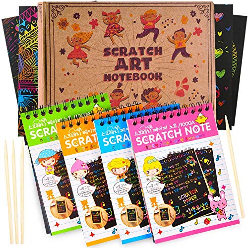 aGreatLife® Cuadernillos para Rascar Scratch Art | 4 Cuadernos para Dibujar Y Colorear En Papel Rainbow Negro con 4 Lápices | Libro Creativo De Manualidades para Niños |14 x 11.5 Cm