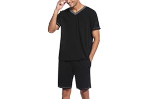 AIEOE Loungewear Set for Men Soft Stretch Short Sleeve Top and Shorts Bottoms Pyjamas Set V-Neck Nightwear with Pockets