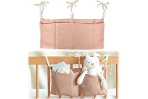 ZILZUFA Sac Rangement pour Lit Bébé, Sac de Rangement Suspendu, Suspendu Organisateur de Couches, Rangement Suspendu Lit Bebe avec 2 Poches, pour Stocker des Vêtements, des Couches, des Jouets (rose)