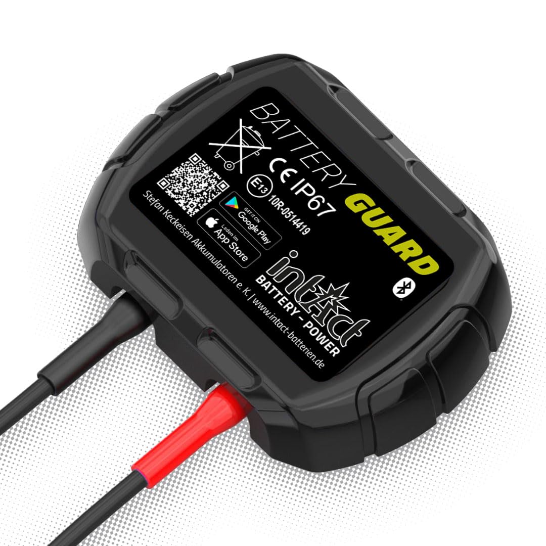 intAct Battery-Guard, batterijmonitor voor Bluetooth-bewaking van 12V-lood- en lithiumbatterijen, met weergave van spanning en temperatuur en pushmelding bij een kritieke laadtoestand