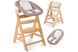 Hauck Alpha Plus Newborn Set - Chaise Haute Bébé en Bois - Évolutive dès naissance/Inclus Transat pour nouveau-né, Coussin assise, Hauteur réglable - Beige naturel
