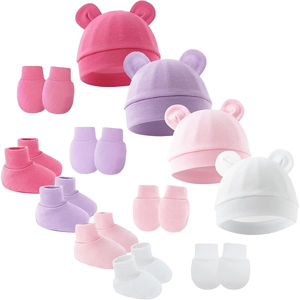DRESHOW Bonnets De Naissance Et Moufles De Protection Coton - 5 Pcs Bonnets Coordonnés Et 5 Paires Mitaines Scratch De Protection Enfant Bébé Fille Garçon Pour 0-6 Mois