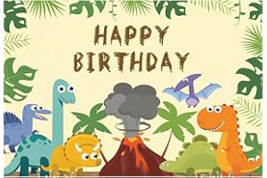 Ttincceer 180x120cm Felice Compleanno Sfondo Cartone Animato Dinosauro Eruzione Vulcanica Fotografia Pianta Tropicale Palma Foglia Bambino Doccia Partito Banner