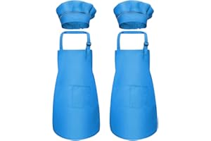 Disino 4 Pcs Kids Apron and Chef Hat Set, Boys Girls Adjustable Aprons with 2 Pockets, Children Chef Apron Toddler Kitchen Garden Bib Aprons for Cooking Crafting Painting Baking (7-13 Year)