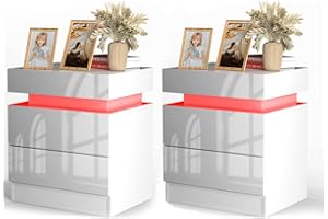 PIPIPOXER 2er Set Nachttisch mit LED Beleuchtung, Beistelltisch in weiß mit großen Stauraum,Nachttische aus Holz mit 2 Schubladen Nachtschrank für Wohnzimmer,Schlafzimmer,Bett Weiß 45x35x52cm